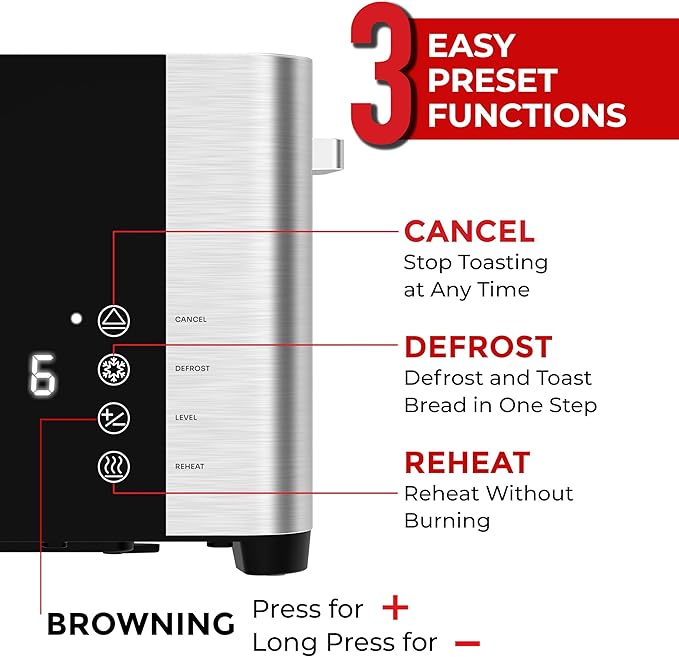 Mueller UltraToast Stainless Steel Toaster 4 Slice – Extra-Wide 1.6" Slots for Artisan Bread, Bagels & Frozen Waffles, 6 Browning Levels, LED Display, Cancel/Defrost/Reheat, Removable Crumb Tray