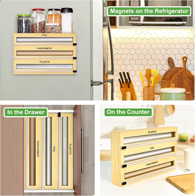 Magnetic Plastic Wrap Dispenser with Cutter, 3 in 1 Refrigerator Bamboo Organizer for Tin Foil, Baking Paper, Wax Paper Holder Kitchen Storage Box Compatible