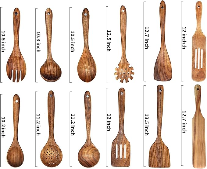 Wooden Spoons for Cooking,12 Pack Wooden Utensils for Cooking Wooden Cooking Utensils Wooden Kitchen Utensils Set Natural Teak Wooden Spatulas for Cooking