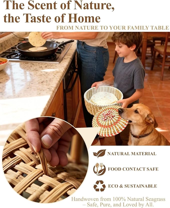 Handwoven Seagrass Tortilla Warmer Basket with Lid, 9.6" Breathable Natural Tortilla Holder with 2 Washable Cotton Liners, Boho Farmhouse Style Server for Tortillas, Roti, Pancake & Flatbread