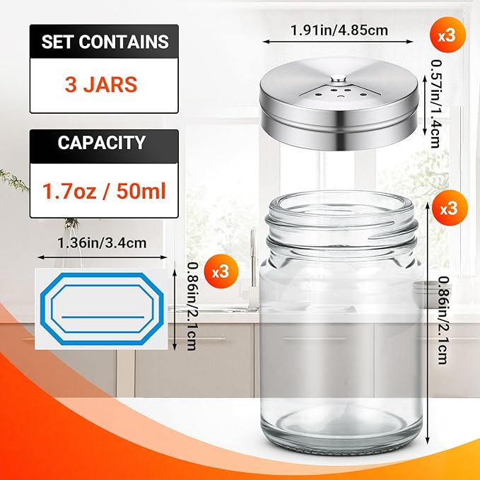 Segarty 1.7oz Mini Spice Jars with Metal Shaker Lids, 3 Pack 50ml Glass Seasonings Containers Adjustable Pour Holes for Kitchen Organization Condiments Storage, Salt Pepper Shakers 3 Labels for Picnic