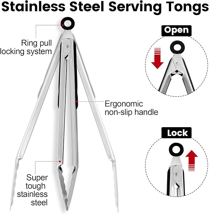 CHENGU 12 Pack Stainless Steel Kitchen Tongs 5/6/7 Inches Food Serving Clip Kitchen Cooking Tongs High Heat Resistant Clips for Cooking Non Stick Grill Salad (Black and Silver, Regular)