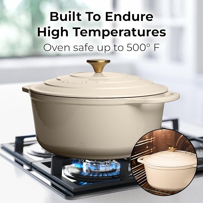 Zulay Kitchen 6 Quart Enameled Cast Iron Dutch Oven Pot with Lid – Premium Durability & Oven Safe up to 500°F – Heavy Duty Cookware Perfect for Bread Baking, Stews, Braising & Roasting - Ivory