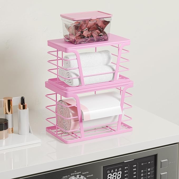 2 Pack Pink Trash Bag Holder - Stackable Garbage Bag Dispenser with Bamboo Top, Kitchen Accessories & Decor, Wall Mount Storage for Kitchen, Home, Bathroom Decor & Gifts