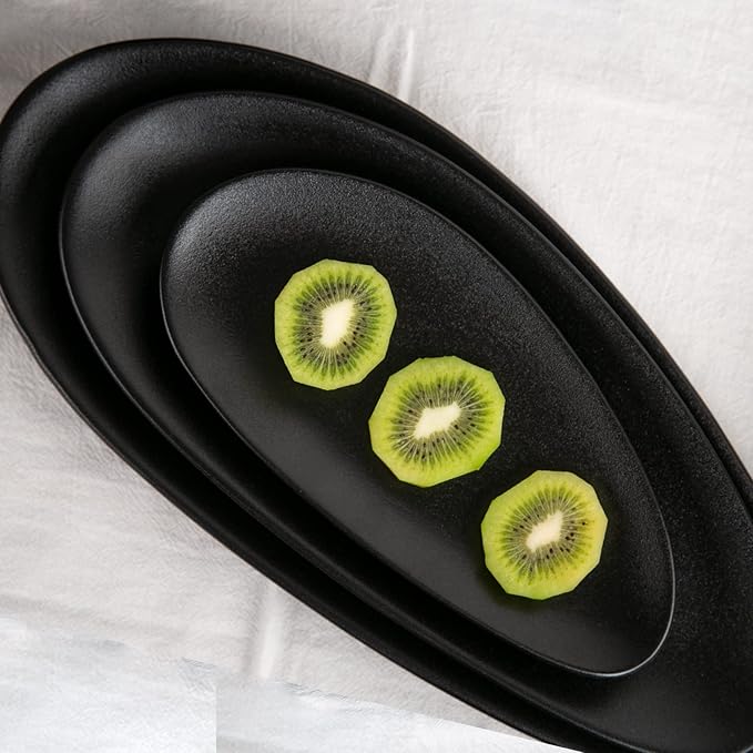 vicrays Large Oval Serving Platters, 16"/14"/10" Porcelain Serving Platters for Party, BBQ,Stackable Serving Trays Serving Plates for Appetizers, Sushi, Restaurant, Set of 3 (Black)`