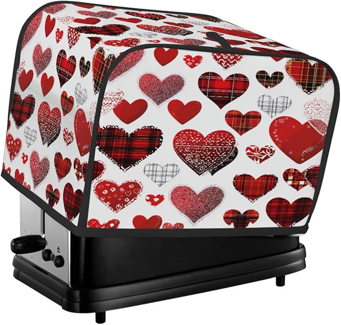 4 Slice Toaster Cover,Valentine's Day Buffalo Heart Small Kitchen Appliance Bread Machine Cover with Pockets,Dust & Fingerprint Protection