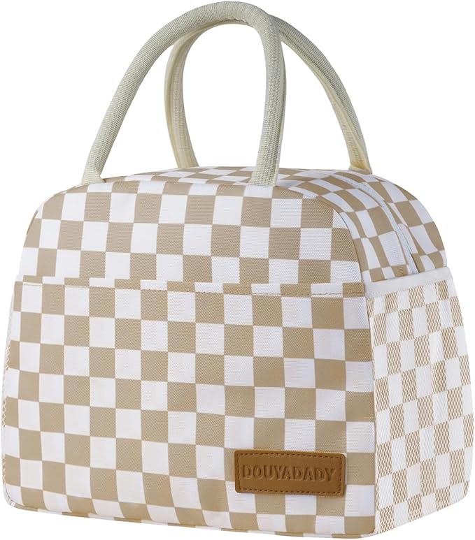 douyadady Lunch Bag Women/Men Lunch Box Women/Men (Khaki+White Checkerboard)