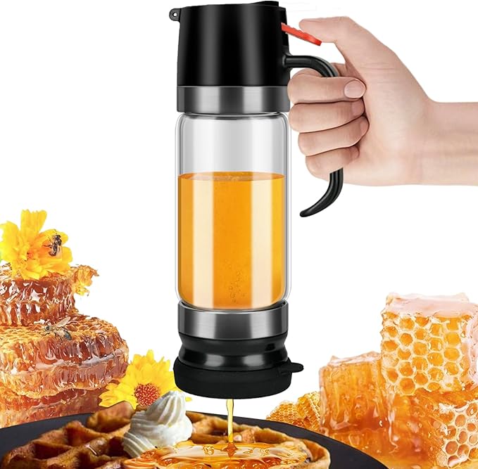 Honey Dispenser No Drip, 12 OZ Syrup Dispenser, Glass Honey Jar with Stand for Coffee, Tea, Pancake, Black