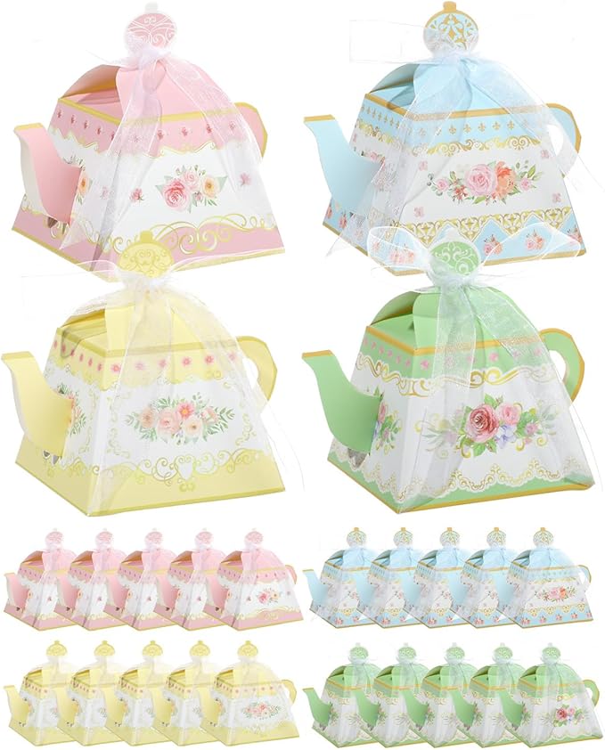 Liobelon 24 PCS Floral Tea Party Favor Gift Boxes Teapot Candy Boxes Vintage Flower Treat Boxes Mini Teapot Favor Boxes with Ribbon for Tea Garden Wedding Bridal Birthday Baby Shower Party Supplies