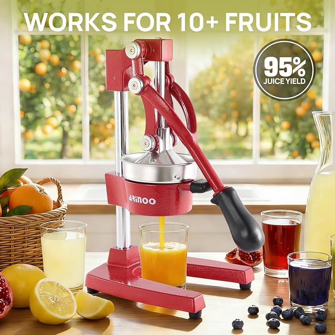 Kitchen Cast Iron Citrus Juicer,Manual Hand Press Orange Juicer,Heavy Duty Countertop Squeezer for Lemon,Orange, Easy to Use & Clean（Red)
