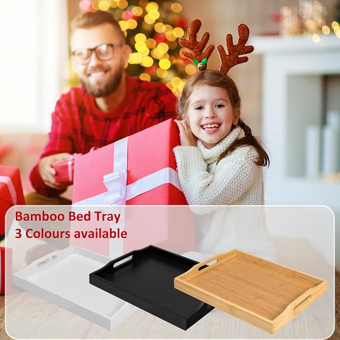 Bamboo Food Serving Tray with Handles, Breakfast Bed Tray for Tea,Snack,Dinner, Home Decorative Storage Food, Platter, Ottoman for Kitchen Counter, Bathroom, Restaurant (Beige)