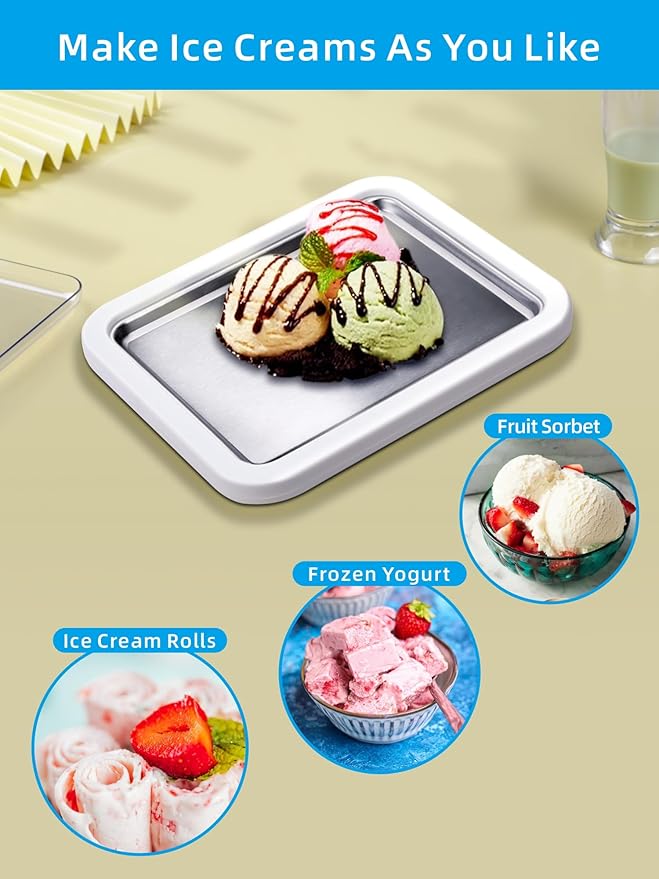 Rolled Ice Cream Maker with Lid, Instant Ice Cream Roller Tray with 2 Spatulas,316 Food Grade Premium Stainless Steel Roll Ice Cream Tray for Fun Family Activities, DIY Parent-Child Time