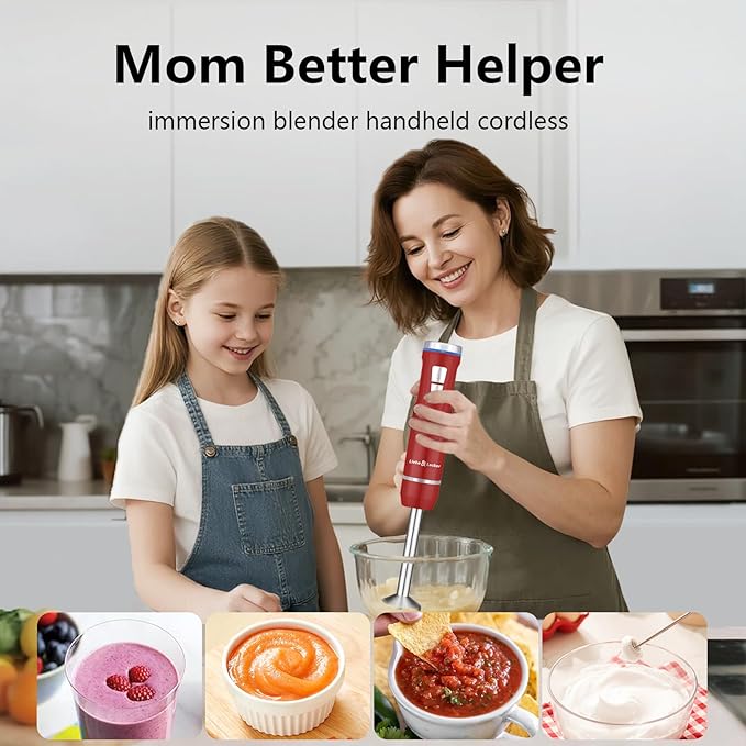 Liebe&Lecker Immersion Blender Handheld Cordless, 3 in 1 Cordless Hand Blender, 8 Speed Emulsion Blender Handheld with Whisk Milk Frother for Soup Smoothie Red
