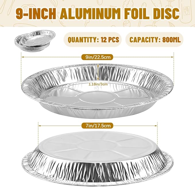 9 Inch Pie Pans Disposable (12 Pack) - Heavy-Duty Aluminum Foil Pie Tins, Standard Baking Tin Plates for Pies, Quiches, Desserts, Oven Safe & Easy Cleanup