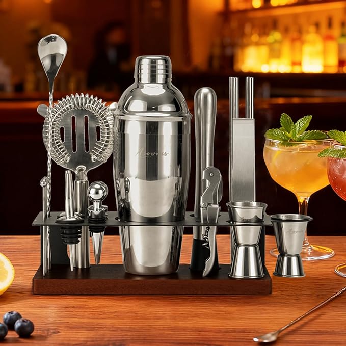 23-Piece Bartender Kit, Cocktail Shaker Set with Stand | Bar Set Drink Mixer Set with All Essential Bar Tools: Martini Shaker,Bar Mixer Spoon, Jigger, Strainer, Muddler, Pourers, for Home, Bar, Party