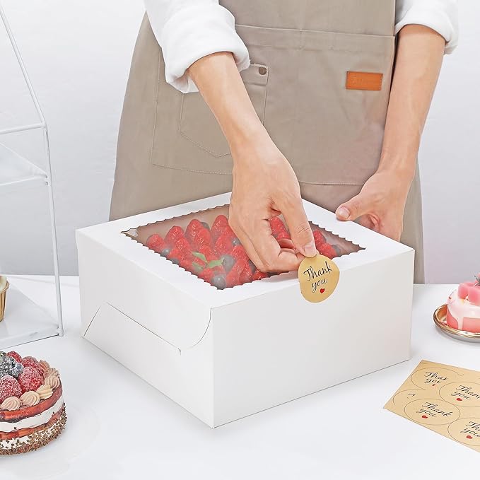 White Cake Boxes 10 Inch with Window, 10 Set Bakery Boxes with Cake Boards & Stickers, Cupcake Box for Birthday, Party, Wedding, Mother's Day, Valentine's Day, Christmas（10x10x5 inch）