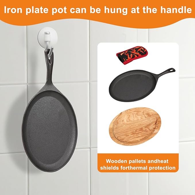 4 PCS Fajita Skillet,Sizzler Plates With Wooden Base And Handle Cover,Steak Plates,Cast Iron Skillet Set,Cast Iron Plates for Home Party Eating