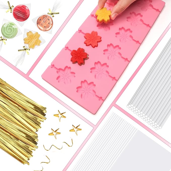 303Pcs Silicone Lollipop Molds Kit, Lollipop Maker Molds Set, Non-Stick Lollipop Candy Molds for Chocolate, 3D Flower Silicone Mold for Hard Candy with 100P Sticks, 100P Candy Bags, 100P Ties