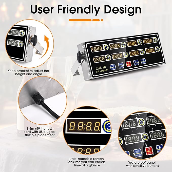 8-Channel Kitchen Timers for Cooking, Commercial Digital Timer with Independent Countdown Timers, Adjustable Volume, Stainless Steel Cooking Timer for Food Fryer, Restaurants, Baking