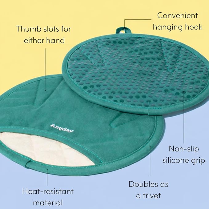 Anyday Oven Mitts with Non-Slip Silicone Grip, Set of 2 | Heat-Resistant Pot Holders with Non-Slip Liner | Universal Fit Circular Quilted and Silicone-Lined Gloves