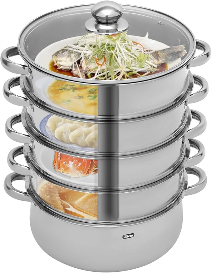 Stainless Steel Steamer Glass Lid, 5-Layer Cooking Steamer Set, Overlapping Design, ø 28cm /11 Inch, Suitable for Induction Cooktops, Electric Cooktops, Gas Cooktops