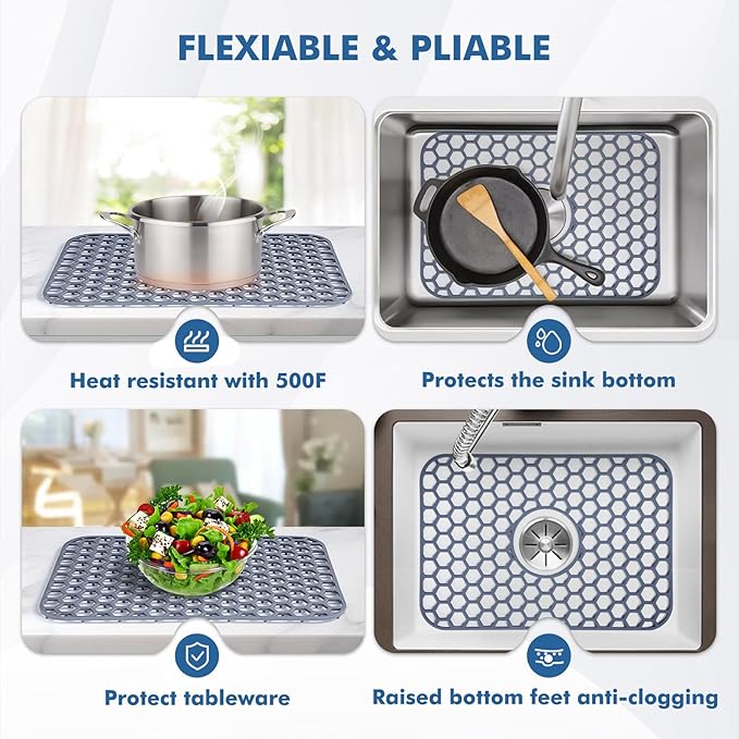 Bestjing Silicone Sink Protectors for Kitchen Sink with Center Drain -18.2"x12.5" Kitchen Accessory, Non-Slip Heat Resistant Mat for Bottom of Farmhouse Porcelain Stainless Steel, Dishwasher Safe