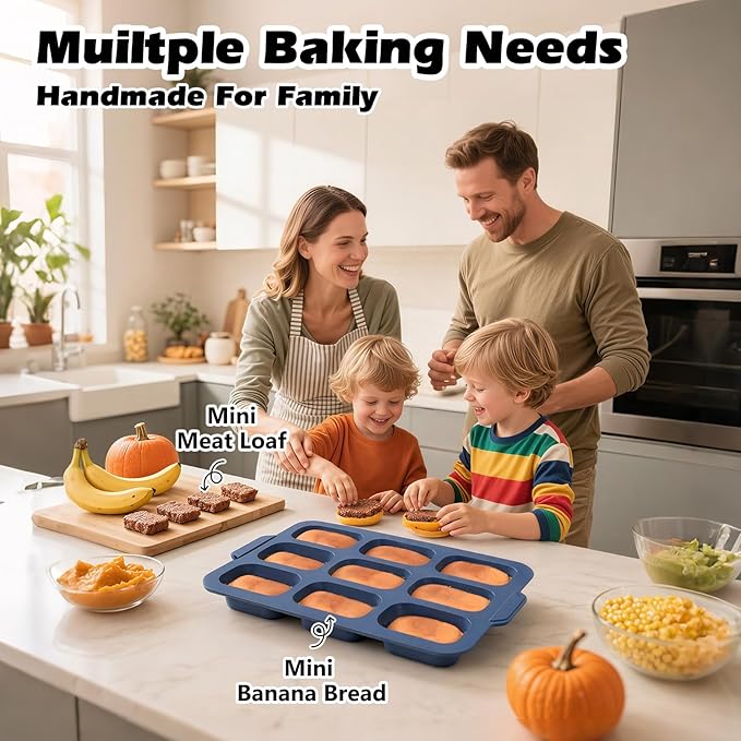Silicone Mini Loaf Pans Baking: 9 Cavity Nonstick Mini Bread Loaf Pans with Metal Frame - Small Banana Bread Tins Tray for Baking Pumpkin Cornbread Meatloaf - for Oven Home Bakers Housewife (2 Pcs)
