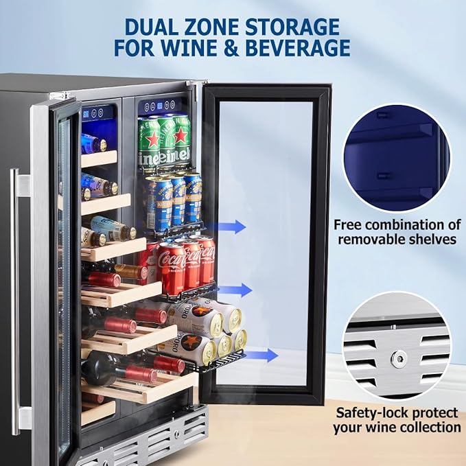 Kalamera Wine and Beverage Refrigerator, 24 inch Wine Fridge Dual Zone Hold 21 Bottles and 77 Cans,Built in or Under Counter Wine Fridge with Blue LED Light