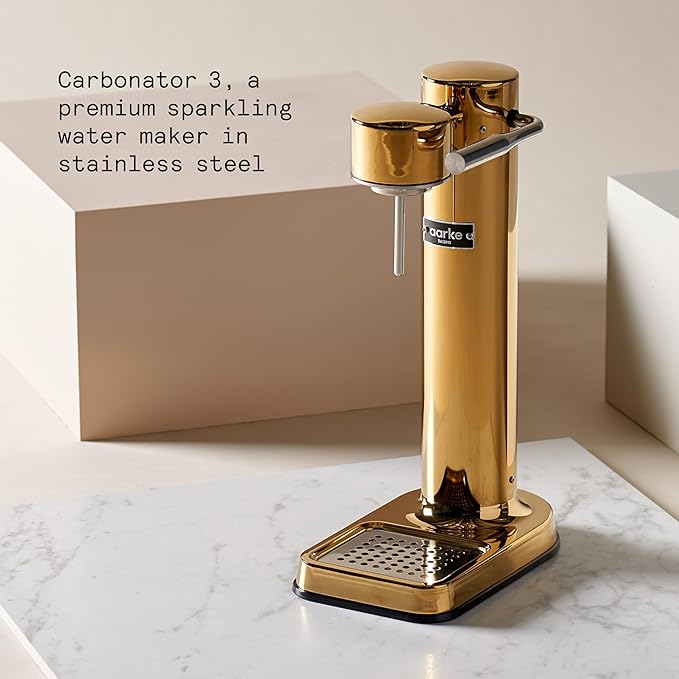 Aarke Carbonator lll with CO2 Cylinder, Sparkling & Carbonation Water Machine, Stainless Steel with PET BPA-Free Reusable Bottle Volume 1L/34 fl oz (Gold)