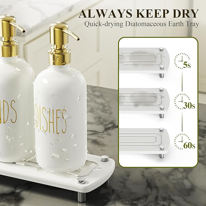Cisily Kitchen Soap Dispenser Set Comes with Ceramics Sponge Holder, Gold Pumps, and Instant Dry Tray, Hand and Dish Soap Dispenser Set (4, Gold + White + Sponge Holder)