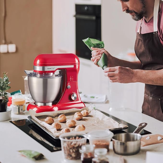 Geek Chef Electric Stand Mixer, 4.8QT 12 Speeds Tilt-head Food Mixer with Dough Hook, Whisk, Beater, Bowl, Rotary Knob for Home Kitchen Use, Bright Red
