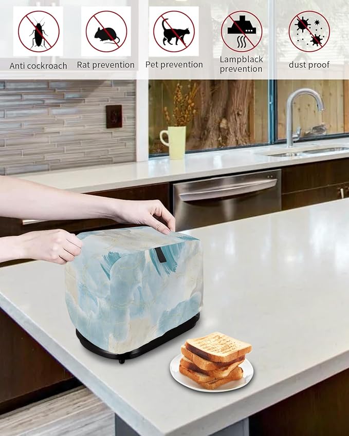 Teal Ombre Marble Toaster Cover 4 Slice - Large Kitchen Appliance Cover With Loop, Yellow Modern Geometric Abstract Art for Toaster Oven, Bread Machine - Polyester Dust Protection