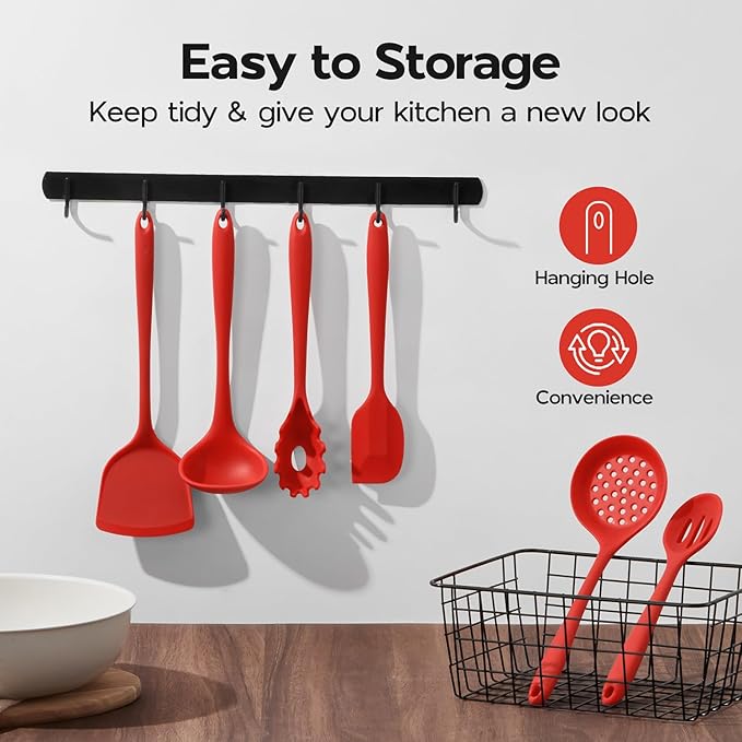 Onader Silicone Cooking Utensils Set, Red Kitchen Utensils 6 Pcs Set, Heat Resistant Kitchen Tool Kit, Nonstick Cookware Friendly & Non Toxic
