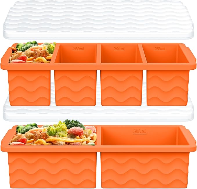 Silicone Freezer Molds for Soup with Lid, 1-Cup & 2-Cup Large Ice Cube Trays Food Storage Containers for Meal Prep, Freeze 500mL/250mL/125mL Portions – 2 Pack