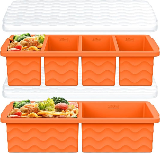 Silicone Freezer Molds for Soup with Lid, 1-Cup & 2-Cup Large Ice Cube Trays Food Storage Containers for Meal Prep, Freeze 500mL/250mL/125mL Portions – 2 Pack