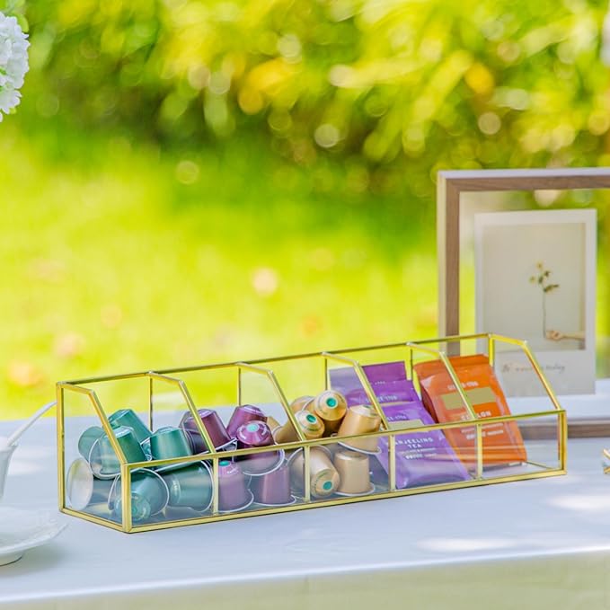 NCYP Glass Tea Bags Organizer with 5 Slots Compartments, Indoor Counter Top Display Case, Storage Box without Lid, Gold Teabag Storage Rack, Decor, 14.5 x 3. 6 x 3.6 Inches (Glass Box Only)