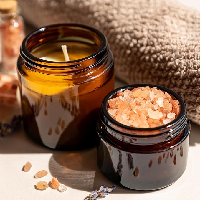 Bumobum 48 Pack 4 oz Small Glass Jars with Lids, Amber Glass Lotion Jars with Inner Liners, 120ml Round Refillable Empty Containers with Blank Labels for Cream, Body Scrub, Cosmetic