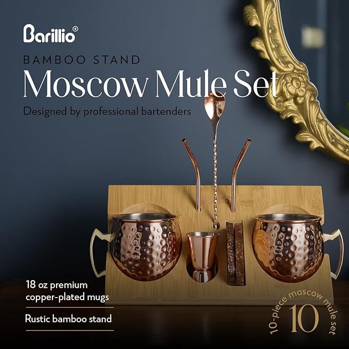 Barillio Moscow Mule Mugs Set - 2 Stainless Steel, Copper-Plated Cocktail Mugs with Bamboo Stand - Food-Safe, Moscow Mule Kit with Copper Cups, Drinking Straws and Mixing Spoon - 2 x 18 Oz