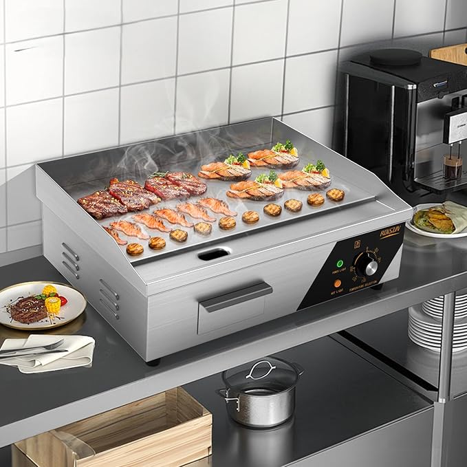 Bonnlo 22 Inch 1600W Commercial Griddle with Stainless Steel Countertop, Flat Griddle, 122-572℉ Adjustable Temp Control of Electric Flat Top Grill for Cheese 、Steak and Egg Indoor and Restaurant