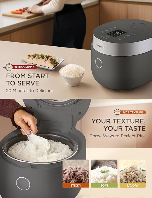 CUCKOO Non-Pressure Rice Cooker 8-Cup Uncooked / 16-Cup Cooked with Induction Heating Technology, Versatile Rice Maker with 12 Menu Options and Steam Plate, Voice Guide, Gray (CR-HA0810FG)