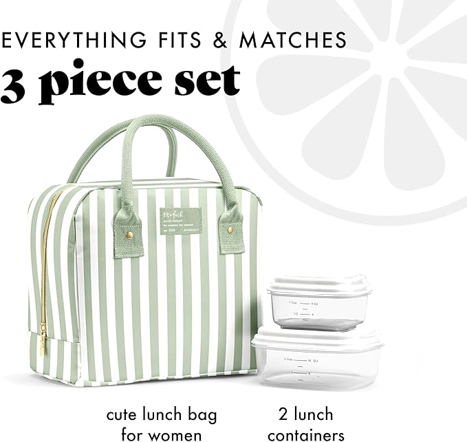 Fit & Fresh Bloomington Lunch Bag for Women - Insulated Large Lunch Box for Work with Containers, Leak-Resistant, Stain-Resistant, Zipper Closure, Thick Stripe Sage