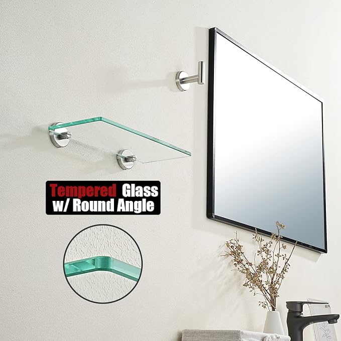 JQK Bathroom Glass Shelf, Tempered Glass Shower Storage 12 by 5 inches, 304 Stainless Steel Brushed Finish Wall Mount, TGS101L12-BN