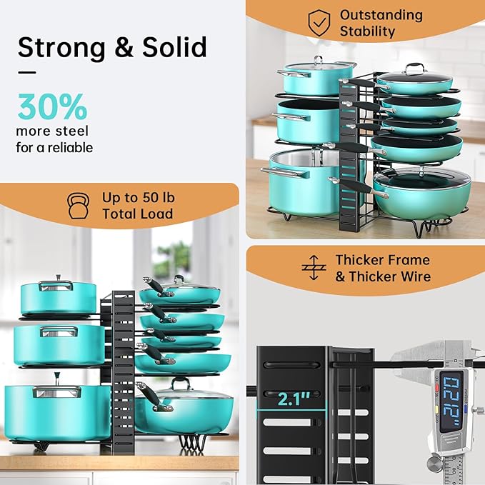 MUDEELA Pots and Pans Organizer Rack under Cabinet 16.61 Height, 8 Tiers Adjustable Pot Pan Rack with 3 DIY Methods, Pot Lid holder for Kitchen Cabinet Organizers and Storage