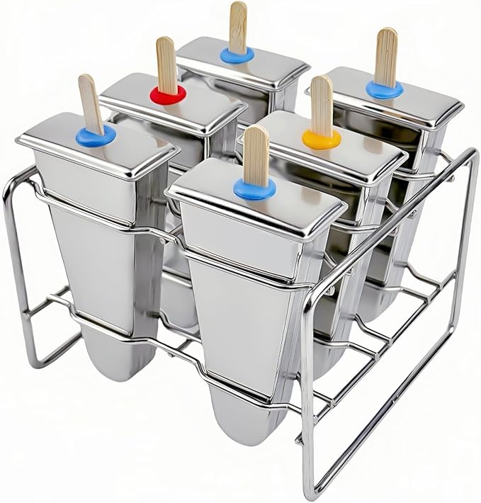 Stainless Steel Popsicle Molds, Set of 6 Ice Cream Maker, Ice Pop Molds With Holder, Metal Reusable Homemade Popsicle Molds with Sticks and Bags (Triangle Cup, No Slot)