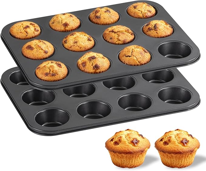2 Pack Muffin Pans for Baking, Large Muffin Pan 12 Cup, Premium Steel with Nonstick Coating, Easy to Clean, Durable Bakeware for Even Baking, Perfect for Muffins and Cupcake, Black