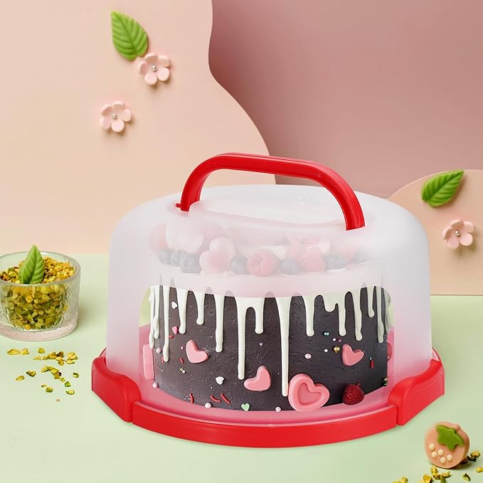 Cake Carrier with Lid and Handle, Fit 10’’ Cake Stand with Lid, Cake Transport Storage Container, Cake Containers Cover Stand with Lids, 3 Secure Side Closures (Red)