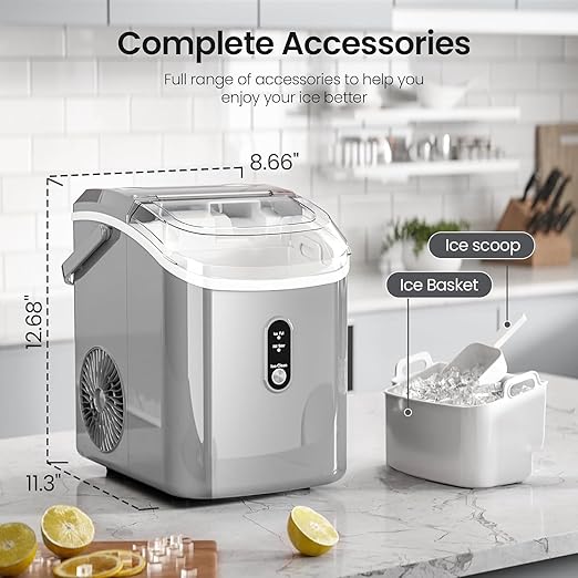 AGLUCKY Nugget Ice Makers Countertop,Portable Pebble Ice Maker Machine with Chewable Ice,One-Click Operation,Self-Cleaning for Home/Office(Grey)