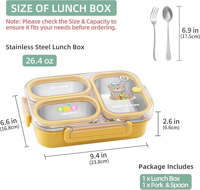 Stainless Steel Bento Lunch Box for Kids, 26.4 oz Leak-Proof 3-Compartment Metal Bento Box, BPA-Free, Cute Cartoon Meal Prep Snack Container with Utensils for School, Office, Travel - Yellow