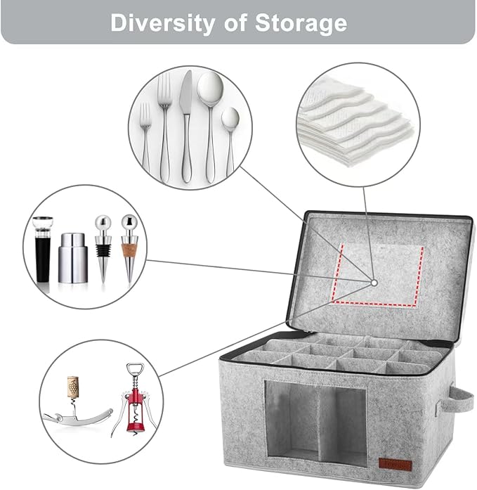 Foyego 2 Pack Wine Glass Storage Box with Dividers, Stemware Storage Containers for Packing and Moving, China Storage Containers Box for 12 Crystal Glassware, Wine Glasses, Drinkware,Light Gray