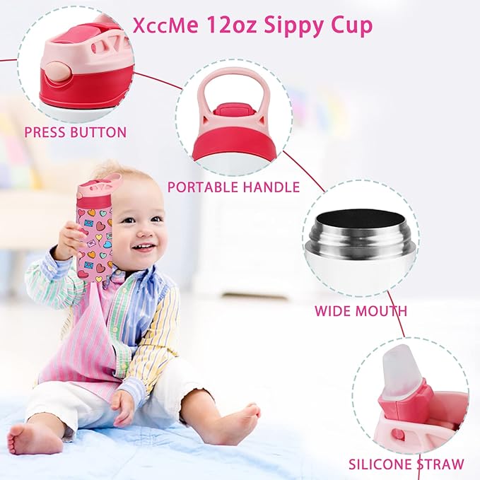 Kids Sublimation Tumbler,12oz Sublimation Water Bottle Blanks,Straight Stainless Steel Todder Sippy Cup,Double Wall Insulated Sippy Tumbler with Handle,Shrink Films,Leak Proof (Pink)